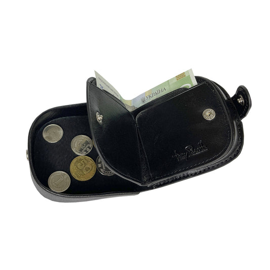 Tony Perotti Italico 2086 nero coin purse opened with coins in the tray and a folded banknote between the leaves