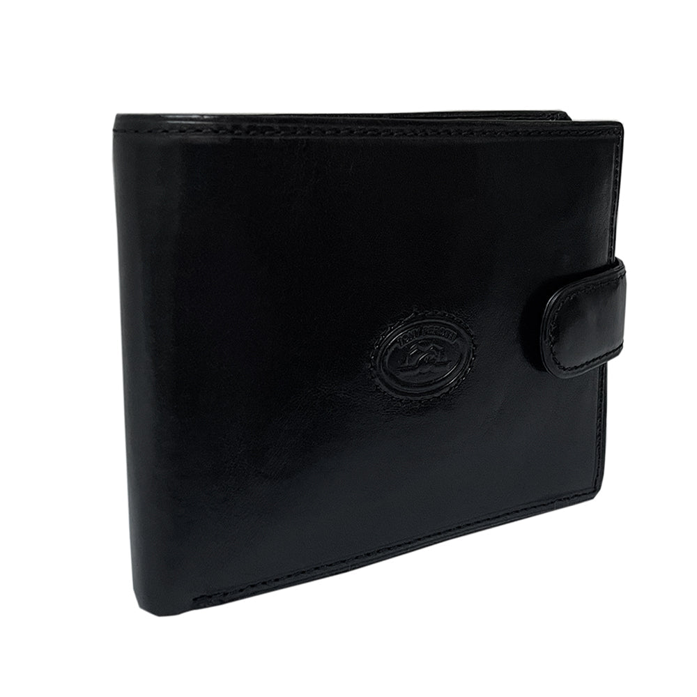 Black leather wallet Tony Perotti Italico 3341A-Q nero, three-quarter view with snap tab