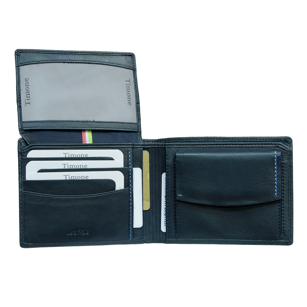 Open Tony Perotti Timone 11012 navy wallet with flip-up mesh ID window, cards and tricolour ribbon
