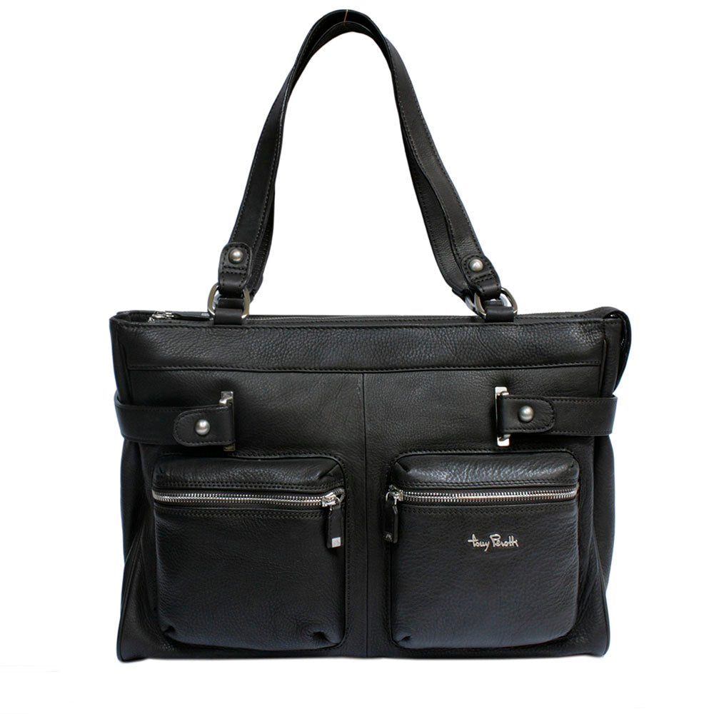 Tony Perotti Contatto 9060-40 moro dark brown leather tote bag, front view with the two zip pockets under the studded leather band