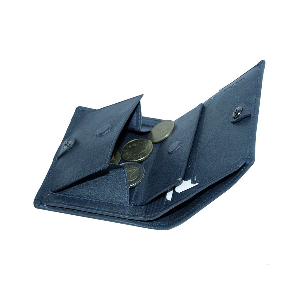 Tony Perotti Timone 11071 navy wallet with magnetic coin pocket open and coins inside