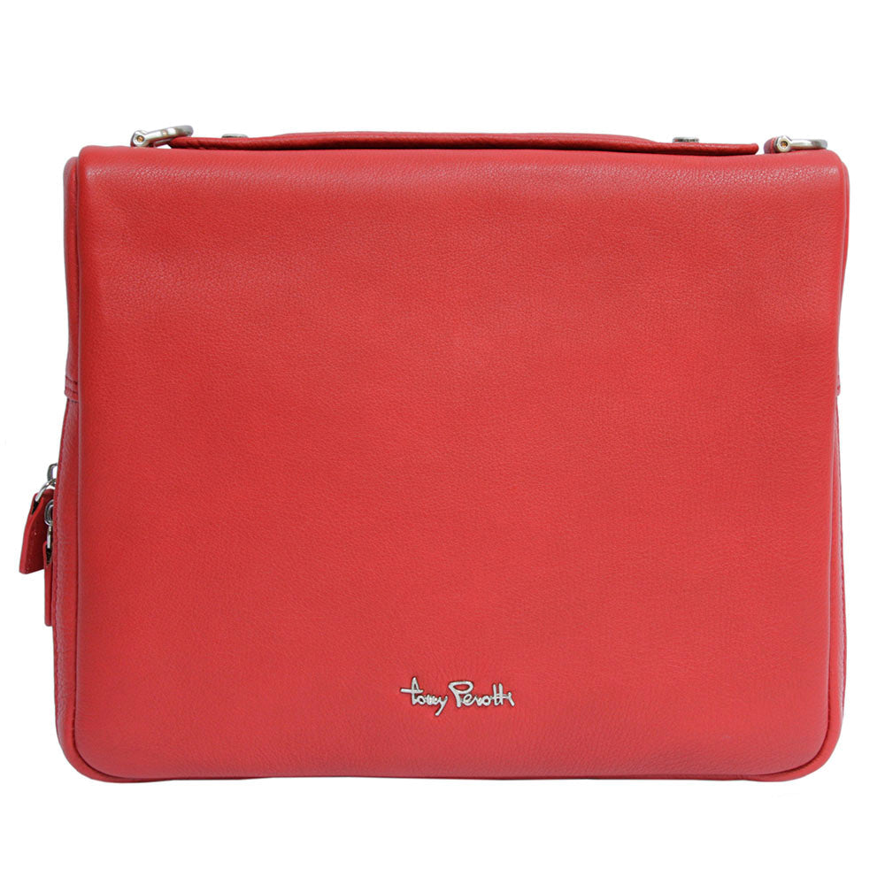 Tony Perotti Contatto 9594-28 rosso red leather tablet bag, front view with the metal Tony Perotti signature