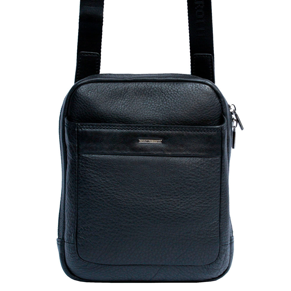 Tony Perotti New Contatto 9984-17 nero black leather crossbody bag, front view with the Tony Perotti metal plate