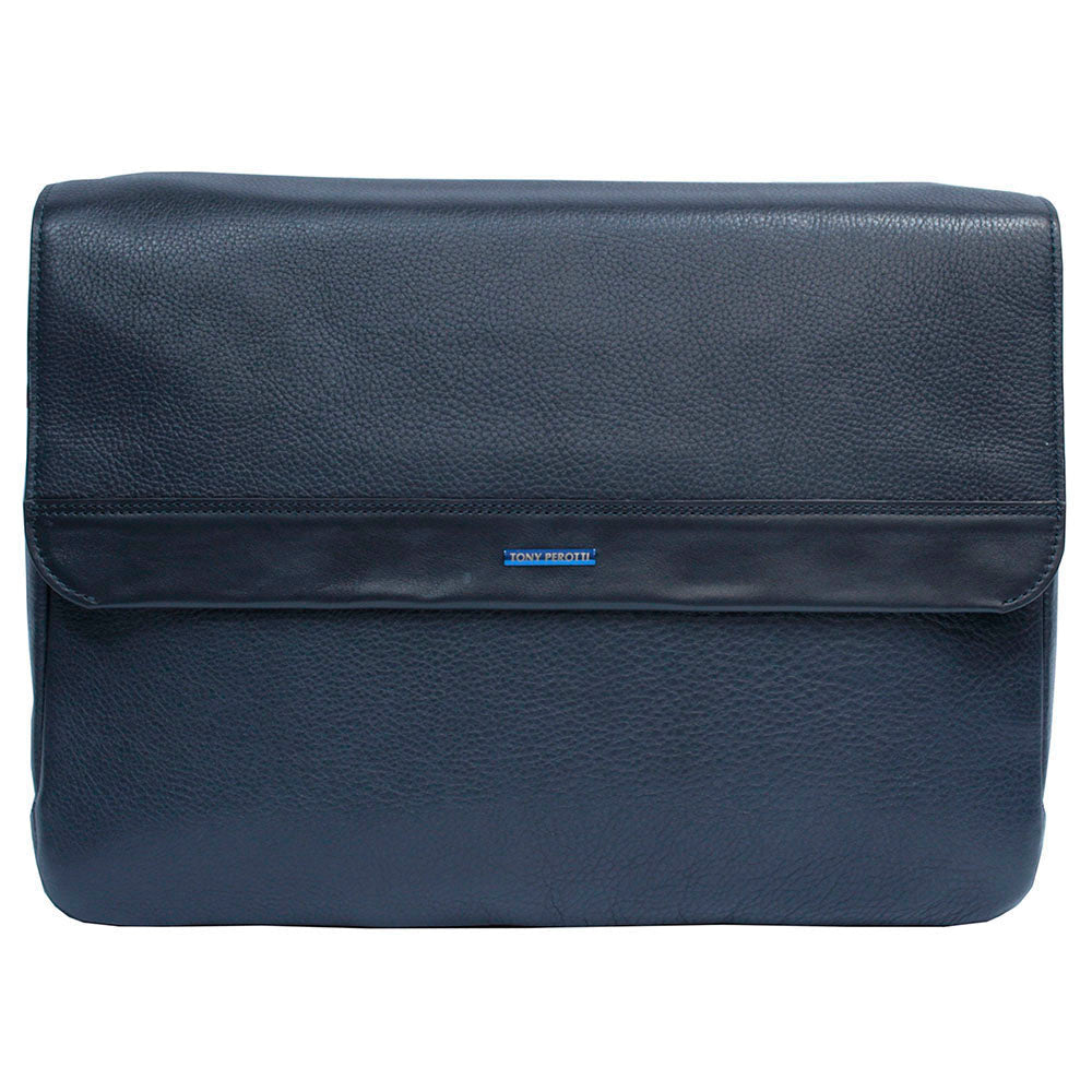 Tony Perotti New Contatto 6036 navy blue leather messenger bag, front view with the enamelled Tony Perotti plate on the flap