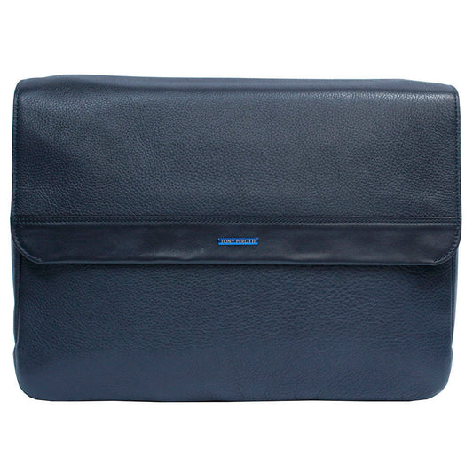 Tony Perotti New Contatto 6036 navy blue leather messenger bag, front view with the enamelled Tony Perotti plate on the flap