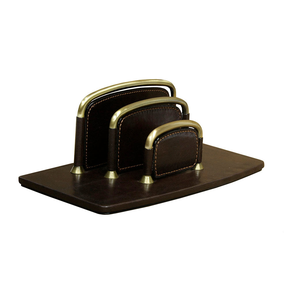 Tony Perotti Scrittoio 1322 moro — the leather letter rack at an angle, brass-tone arches ending in cone feet on the base