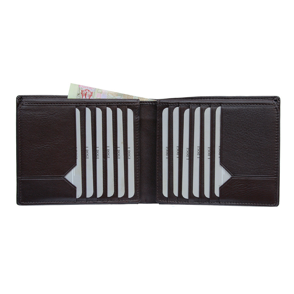 Tony Perotti Cortina 5068 moro dark brown leather card wallet open — two columns of card slots filled with cards and a banknote in the compartment behind