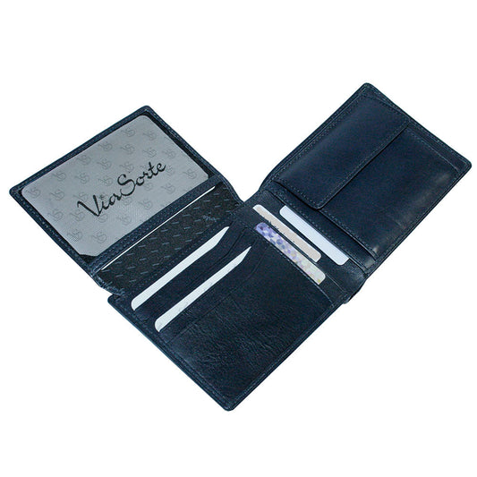 Open Tony Perotti navy bifold wallet with bill compartments and card slots
