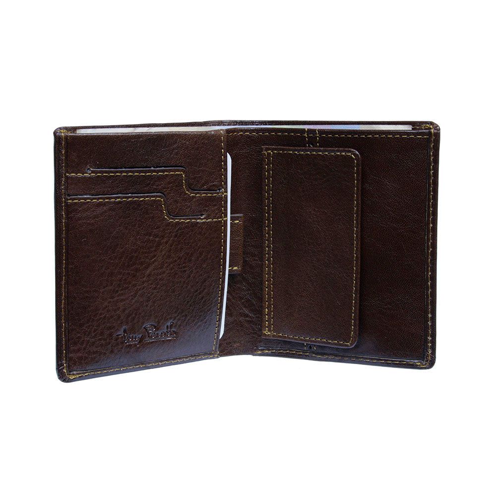 Opened Tony Perotti Nevada 3504 moro wallet with a banknote in the bill compartment