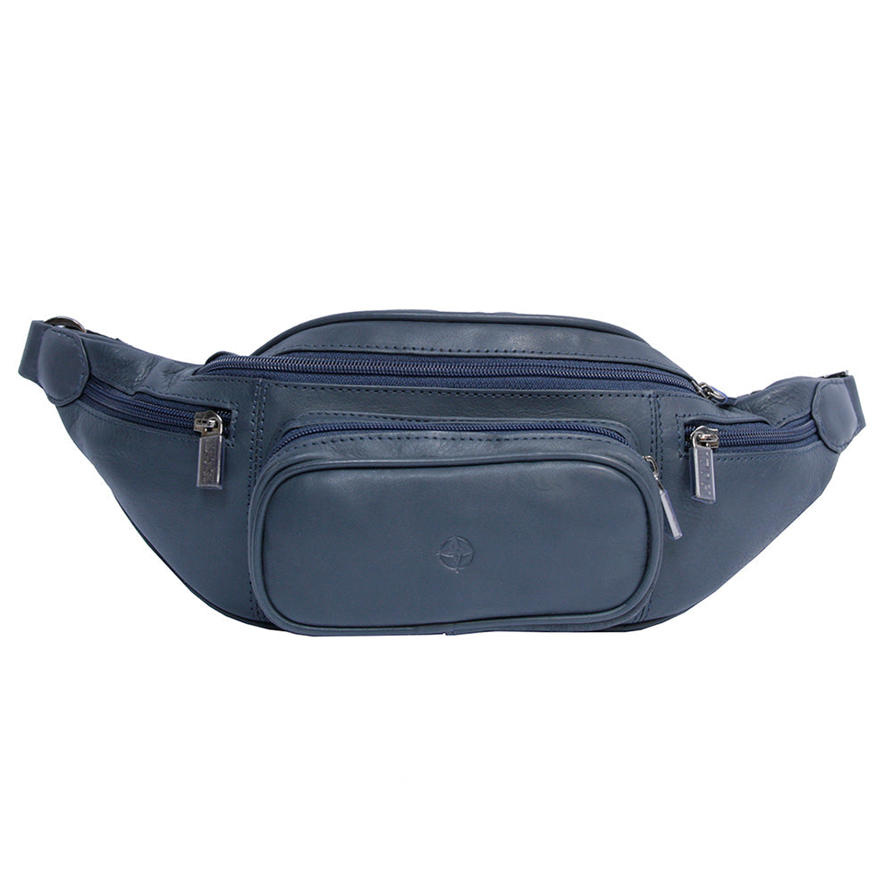 Tony Perotti Cortina 6000 navy blue leather belt bag, front view with the rounded phone pocket and embossed compass rose