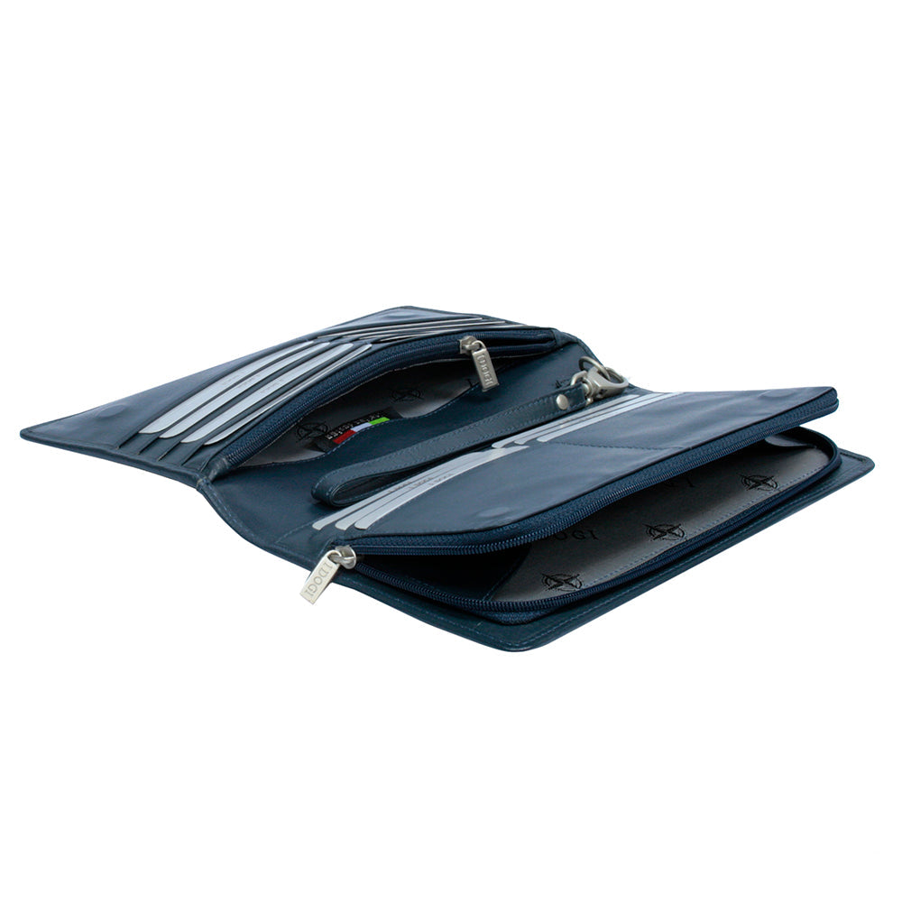 Tony Perotti Cortina 5067 navy dark blue leather clutch wallet open from the side — the zip-around compartment with compass-rose printed lining beside the card slots
