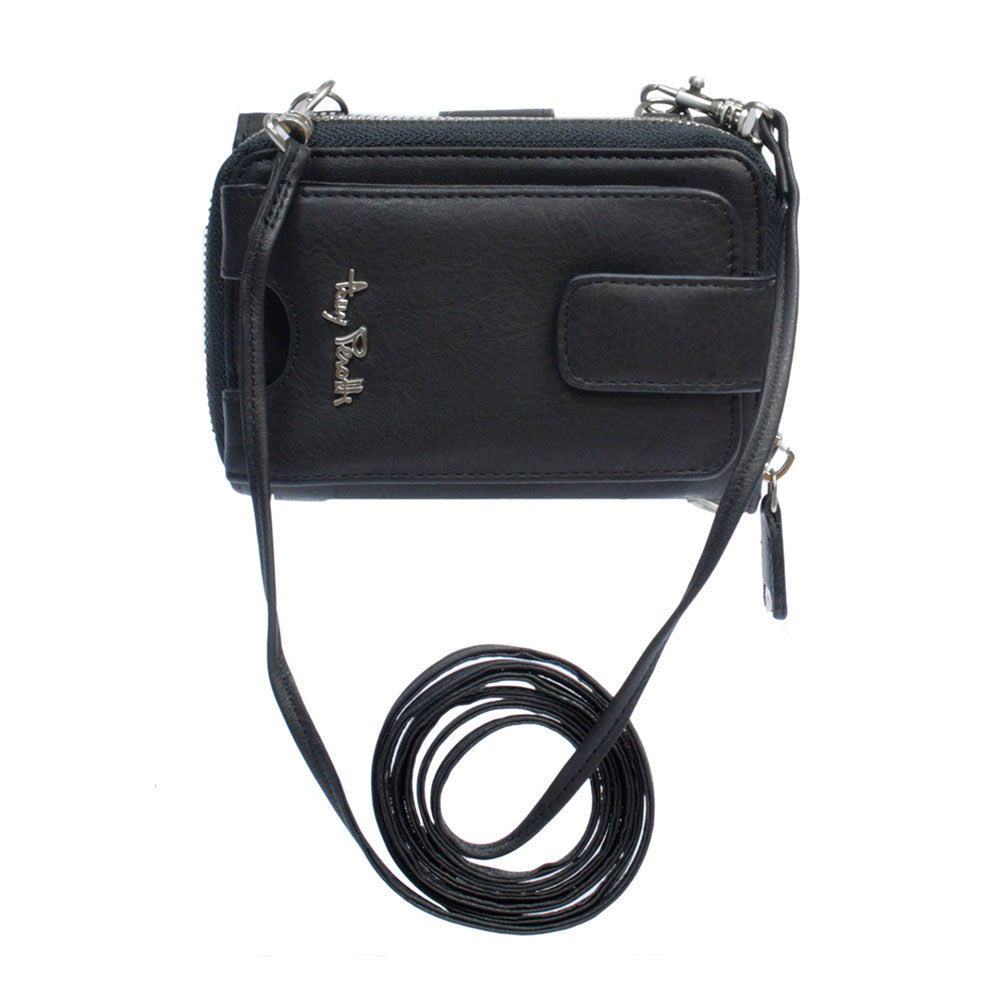 The other side of the Contatto 3058 — the zip of the coin section and the long fine leather shoulder strap coiled below