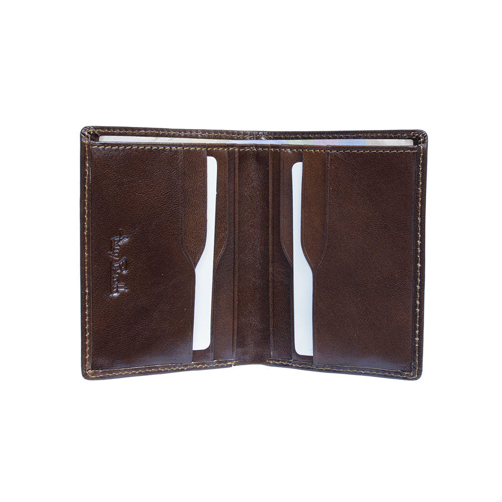 Tony Perotti Nevada 3549 moro dark brown wallet open with cards in the slots and a folded banknote