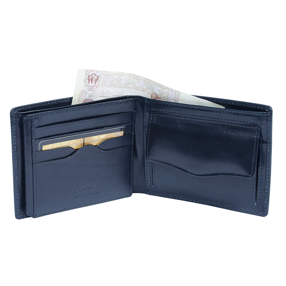 Italico 3620 navy opened: card slots, bill compartment and the coin pocket with a flap