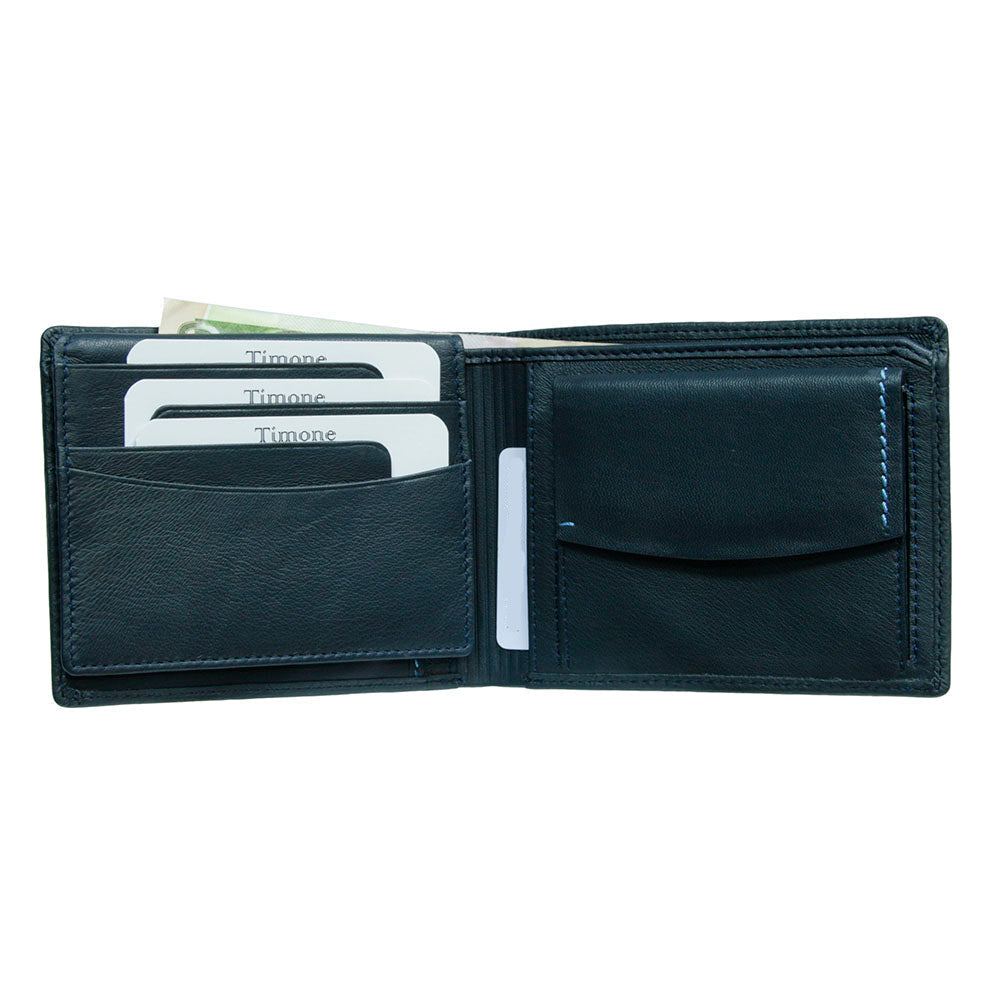 Open Tony Perotti Timone 11012 navy wallet with cards in slots, a banknote and the flap coin pocket