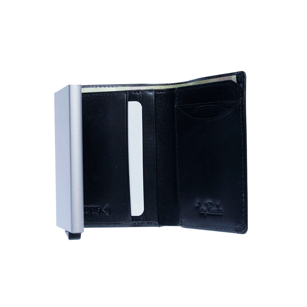 Tony Perotti Nevada 3758 nero — fully open: card slots, embossed RFID mark and banknote compartment