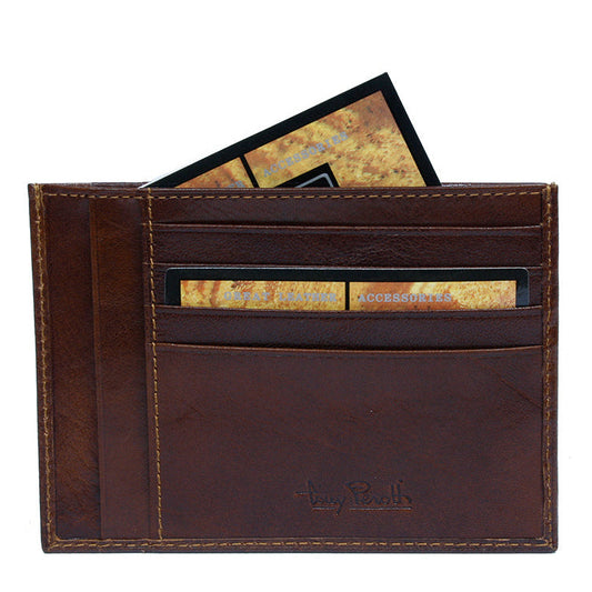 Cognac Italico 2171 card holder — slots with embossed Tony Perotti script signature and a card in the top pocket