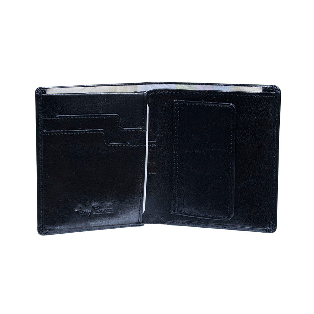 Opened Tony Perotti Nevada 3504 nero wallet with a banknote in the bill compartment