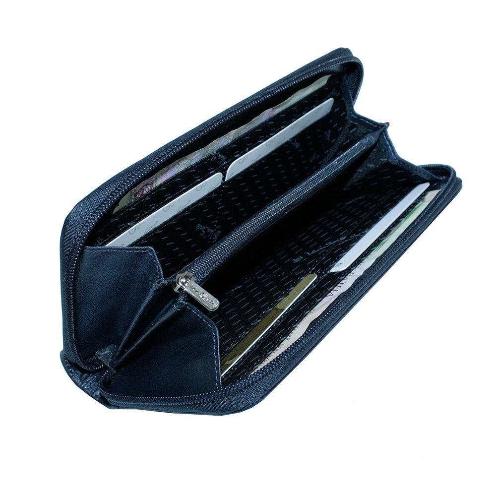 Viasorte 2250 navy open — card slots, patterned lining and the zip coin pocket in the middle