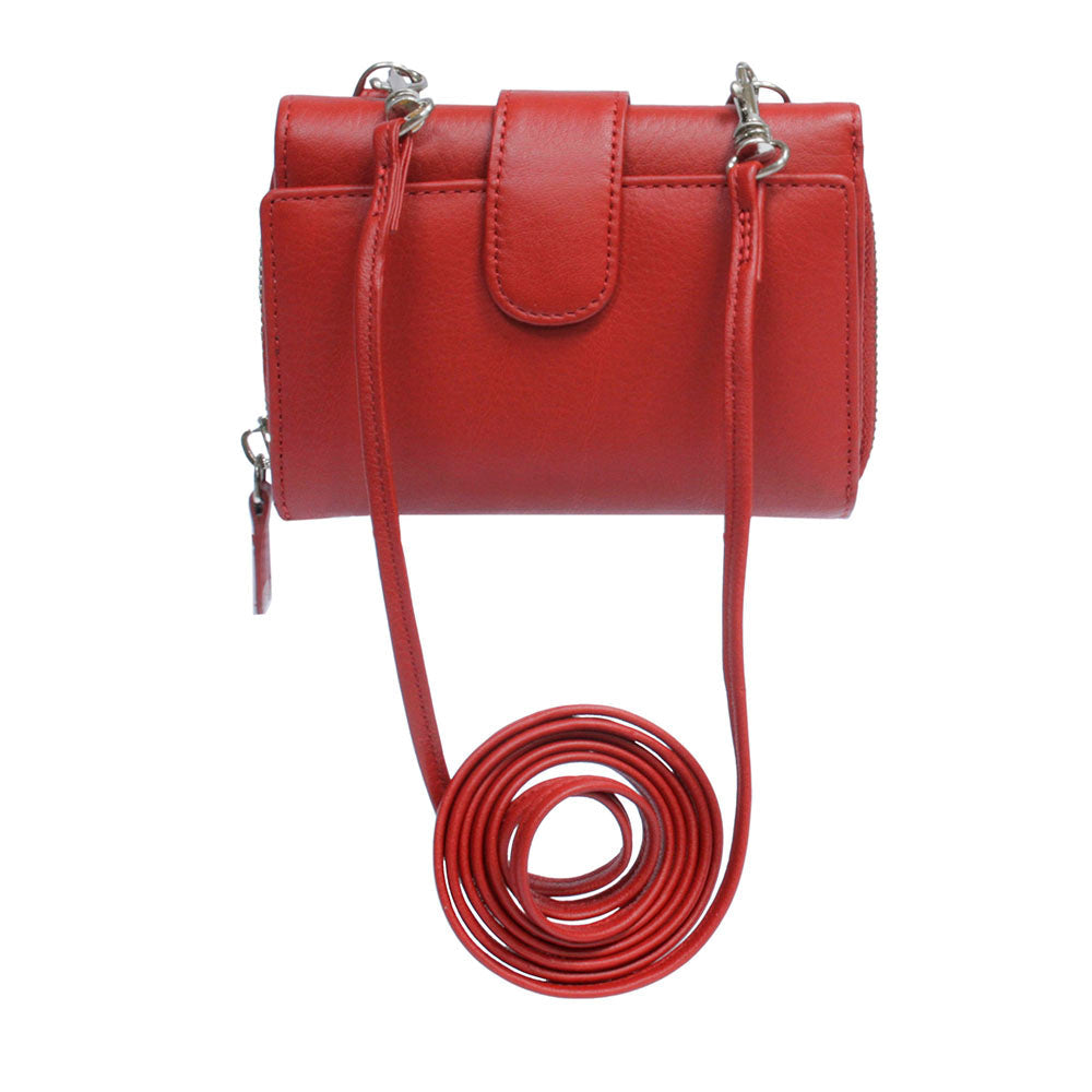Contatto 3058 rosso back view with the long leather shoulder strap coiled beside it