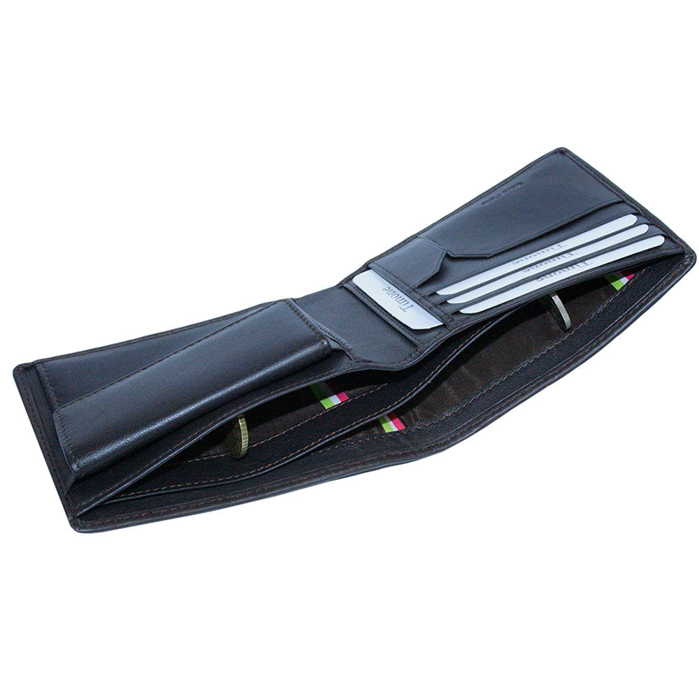 Tony Perotti Timone intrecciato 12013 moro wallet, angled view into the bill compartments with tricolour lining