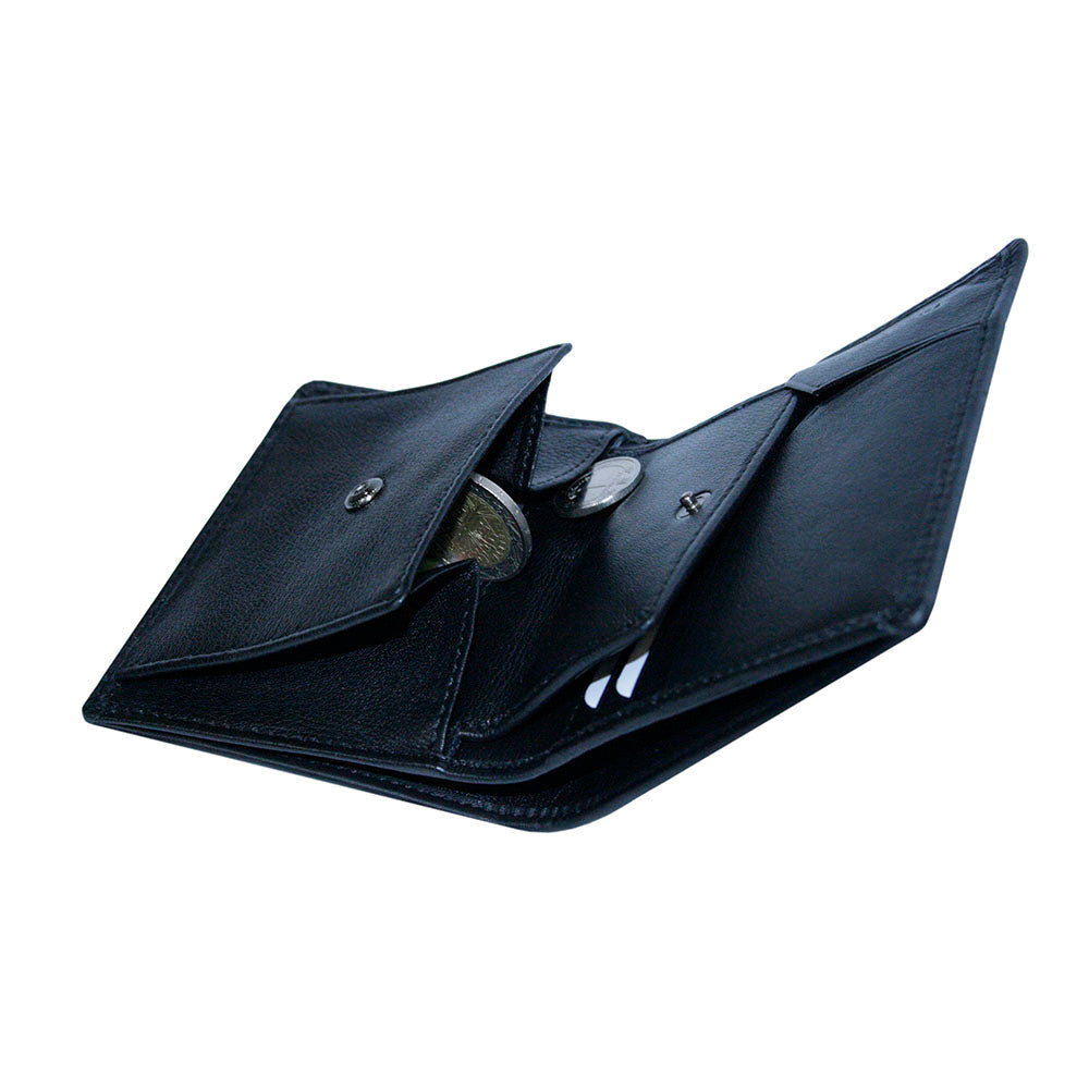 Tony Perotti Timone intrecciato 12071 nero wallet with the snap coin pocket open and coins