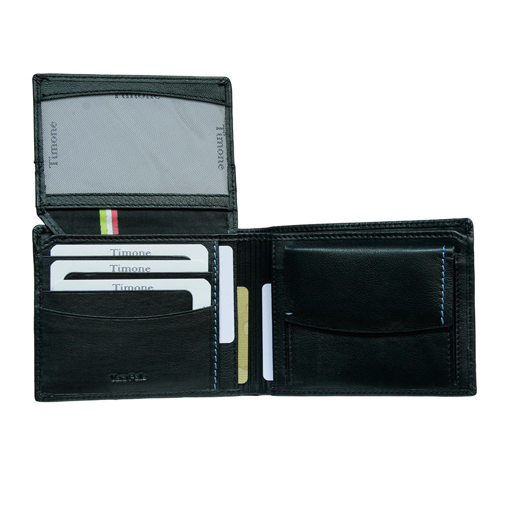 Open Tony Perotti Timone 11012 black wallet with flip-up mesh ID window, cards and tricolour ribbon