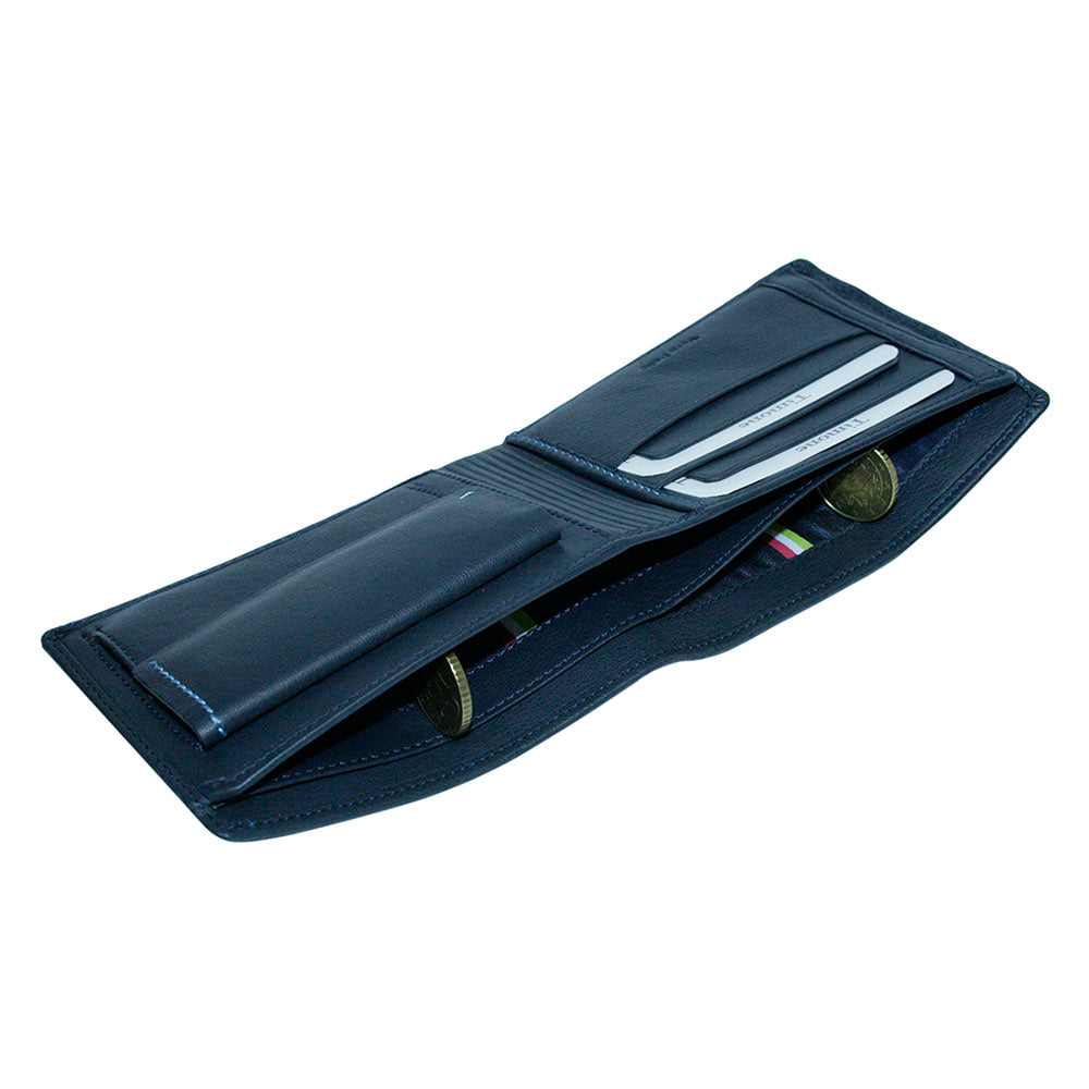 Tony Perotti Timone 11013G navy wallet, side view into two bill sections with tricolour ribbon