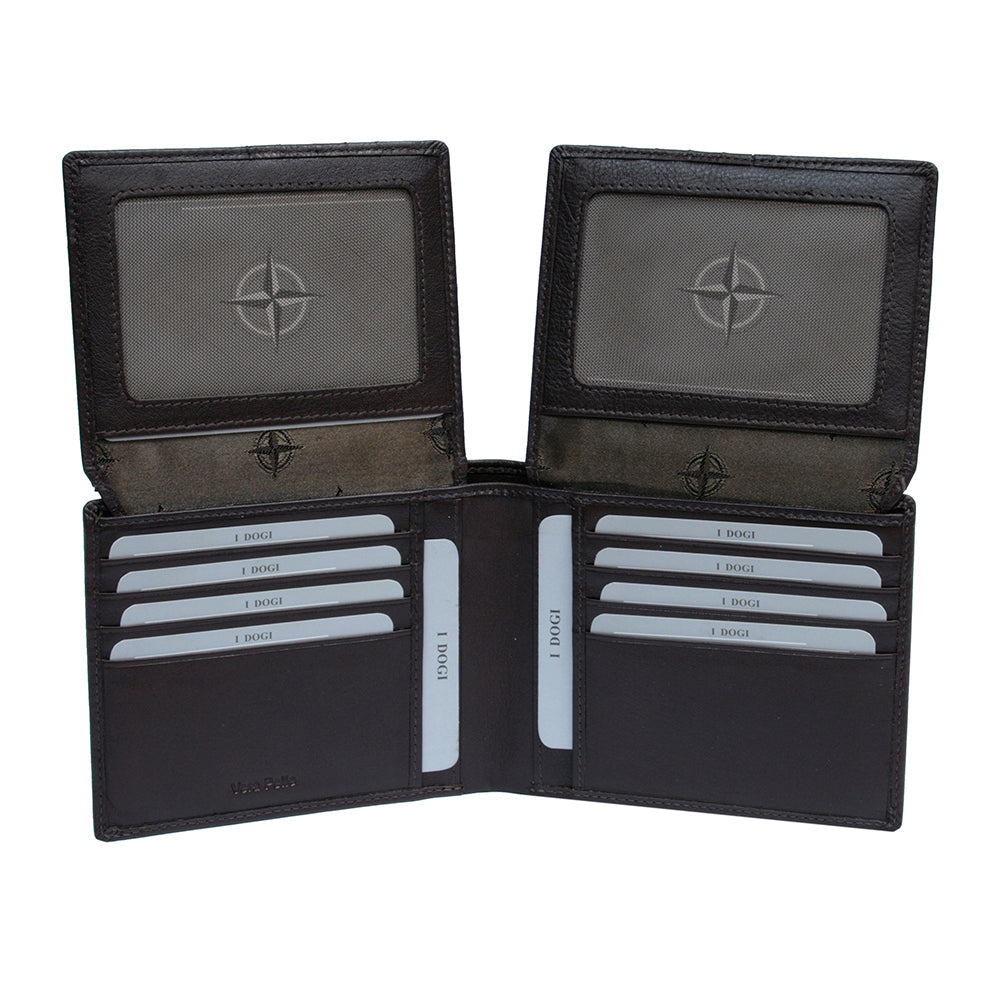 Tony Perotti Cortina 5068 moro dark brown leather card wallet fully open with both flip-up panels raised — two mesh ID windows with the compass rose, further card slots and compass-rose printed lining
