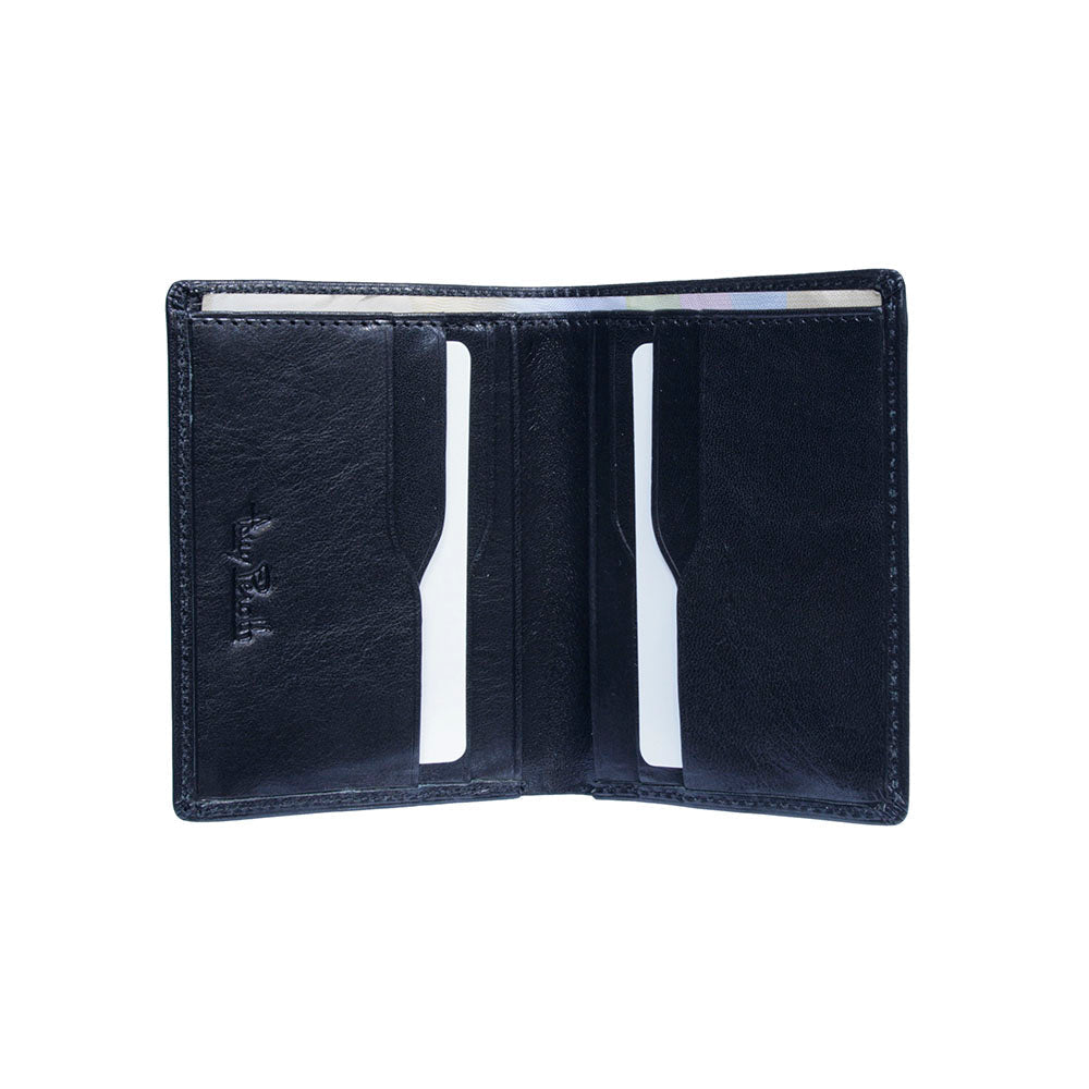 Tony Perotti Nevada 3549 nero black wallet open with cards in the slots and a folded banknote