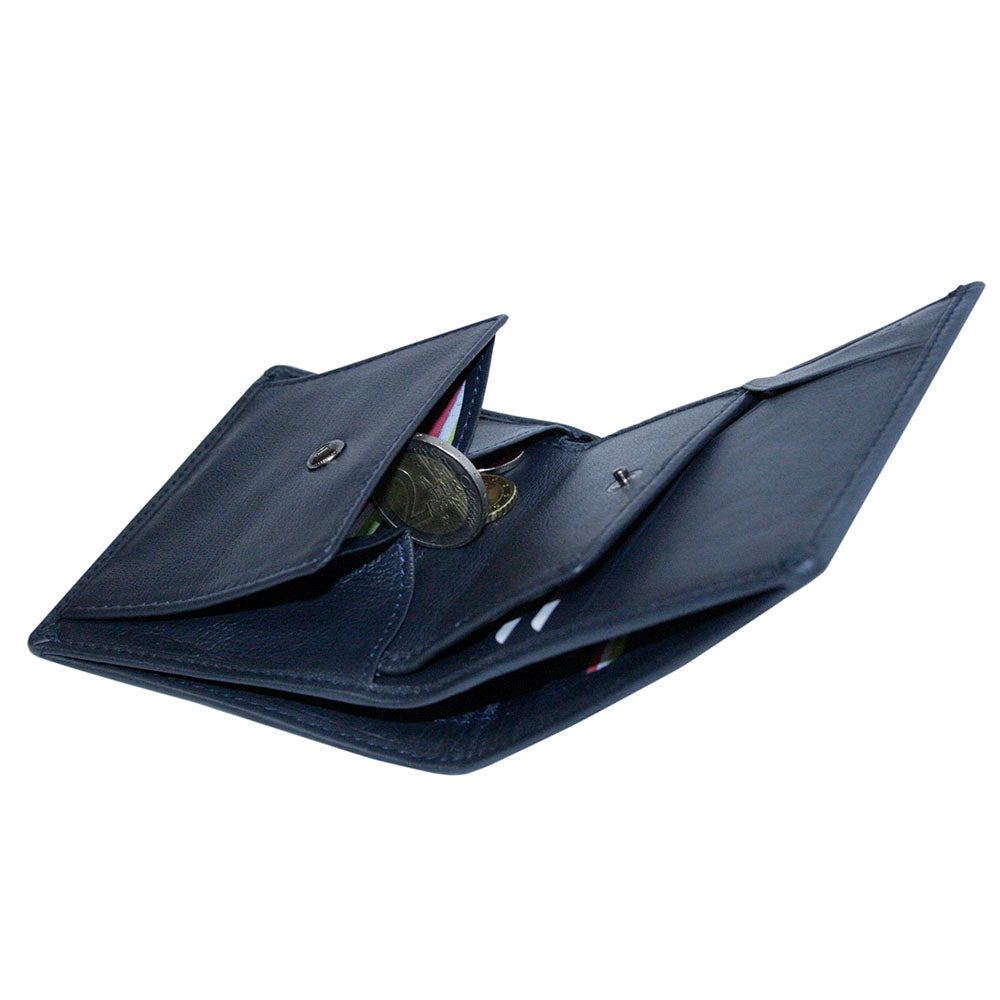 Tony Perotti Timone intrecciato 12071 navy wallet with the snap coin pocket open and coins