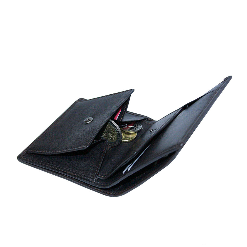 Tony Perotti Timone intrecciato 12071 moro wallet with the snap coin pocket open and coins