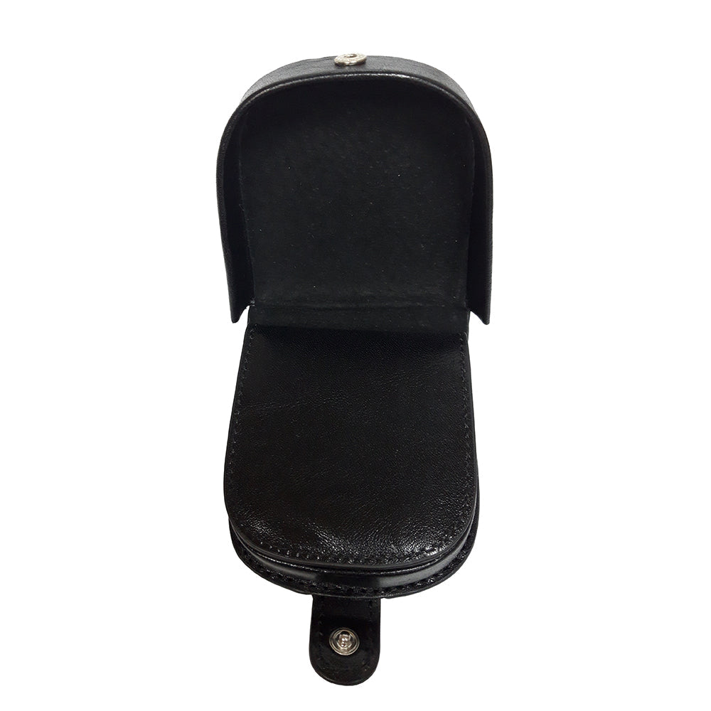 Top view of the open black Tony Perotti Italico 2086 nero coin purse with the suede lid lining and silver-tone snaps