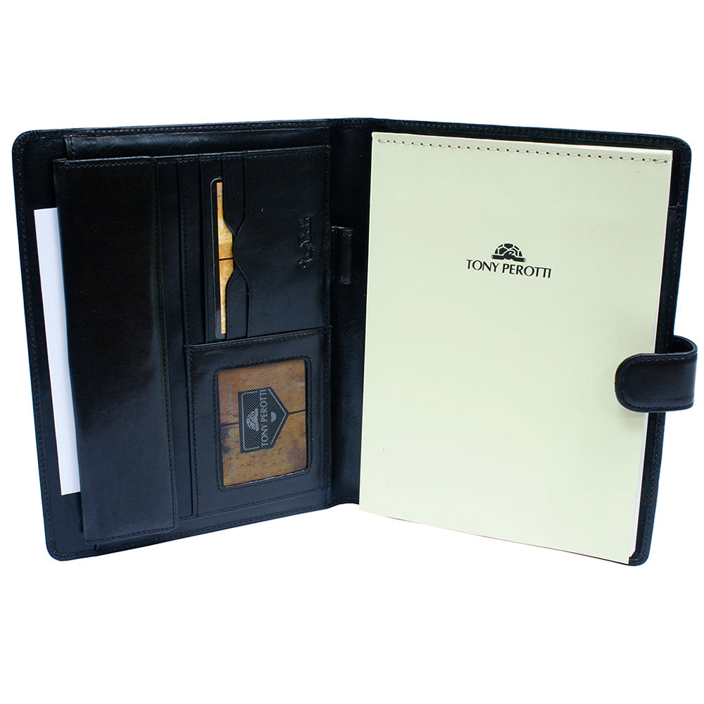 Black Italico 2590 opened — document pocket, card slots, clear ID window, pen loop and the Tony Perotti notepad