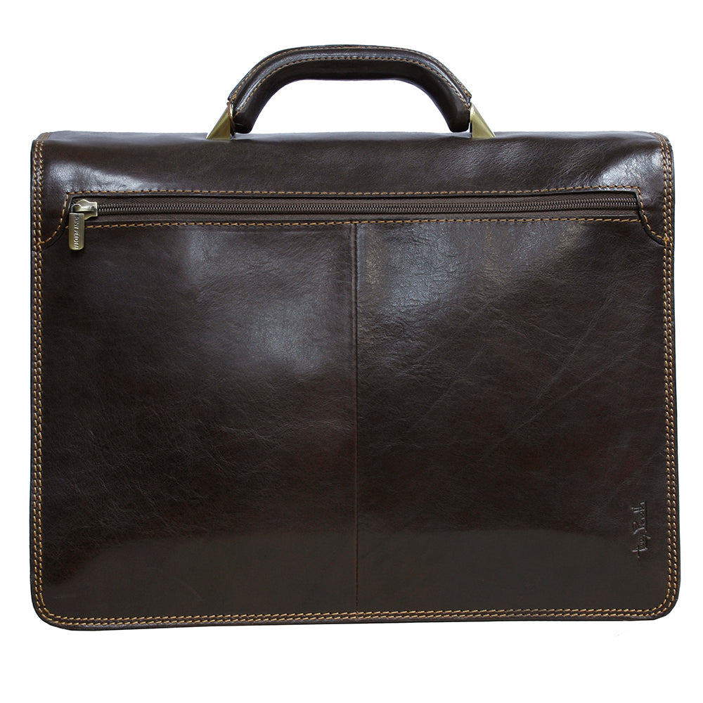 Back of the dark brown Italico 8009 briefcase — full-width zip pocket and the embossed Tony Perotti signature