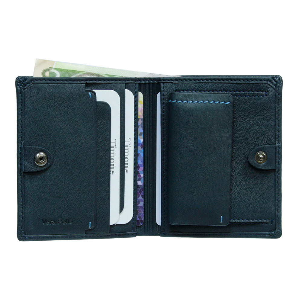 Open Tony Perotti Timone 11071 navy wallet with cards in slots and a banknote
