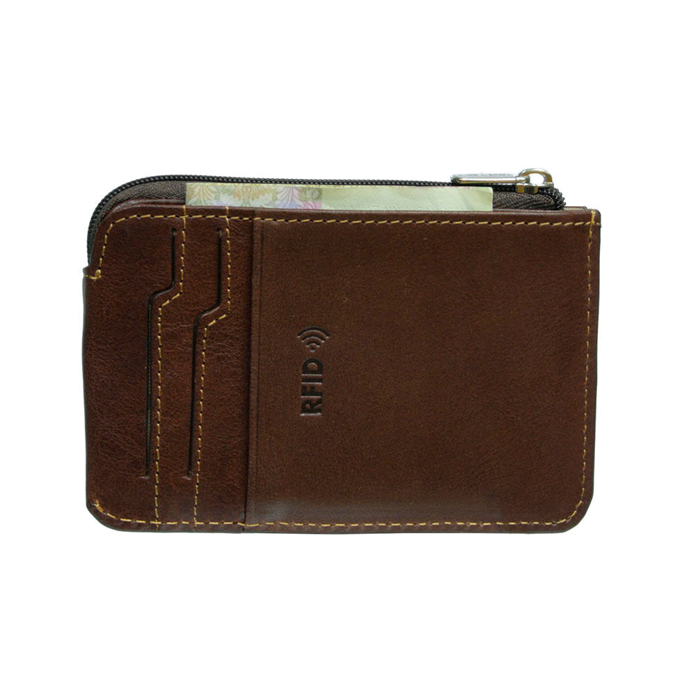 Tony Perotti Nevada 3825+RFID moro card holder with empty stepped slots and a folded banknote in the zip pocket