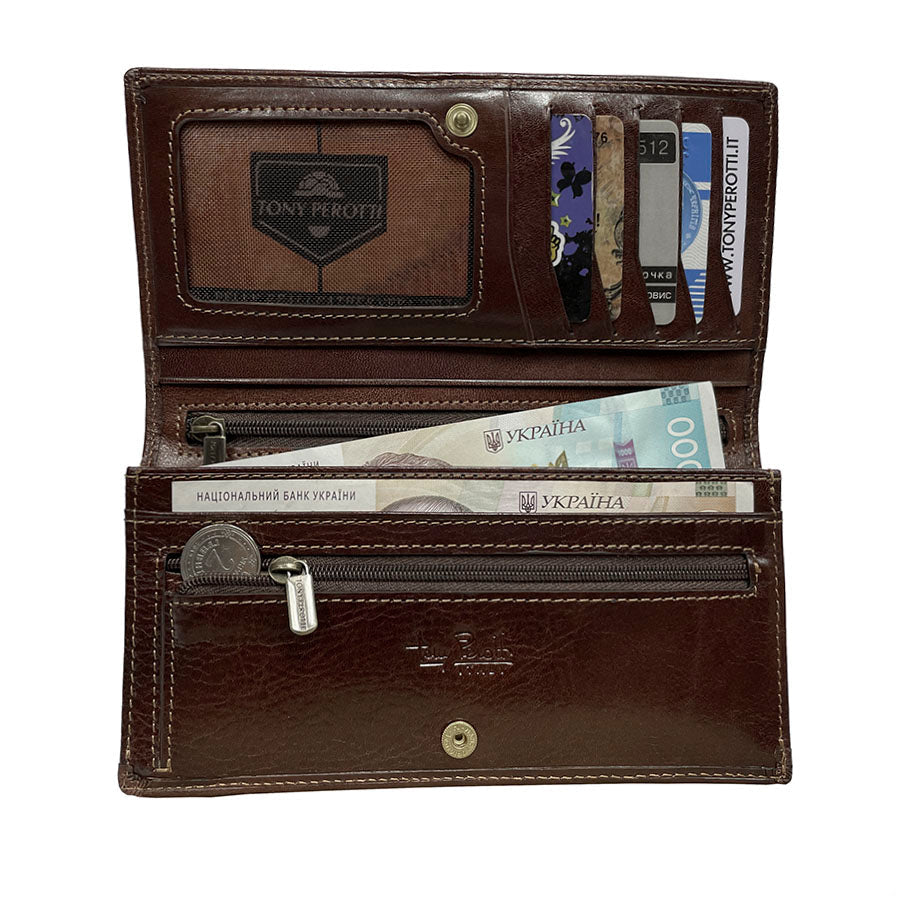 Tony Perotti Italico 2770+RFID moro dark brown leather wallet open and filled — cards in the slots, banknotes in the compartment and a coin beside the zipped coin pocket