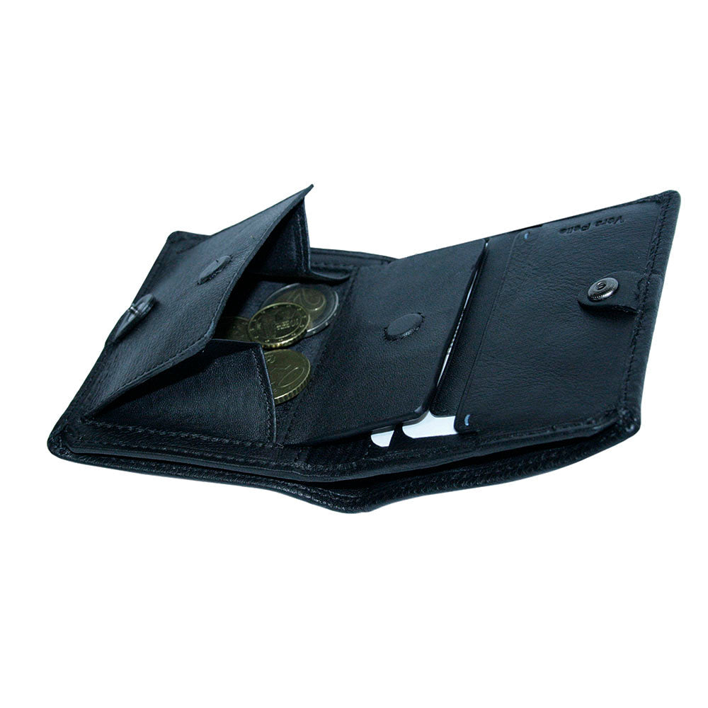 Tony Perotti Timone 11071 black wallet with magnetic coin pocket open and coins inside