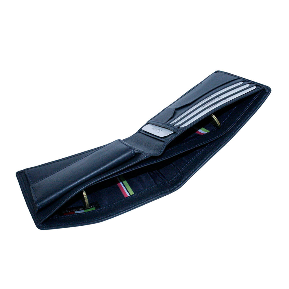 Tony Perotti Timone intrecciato 12013 navy wallet, angled view into the bill compartments with tricolour lining