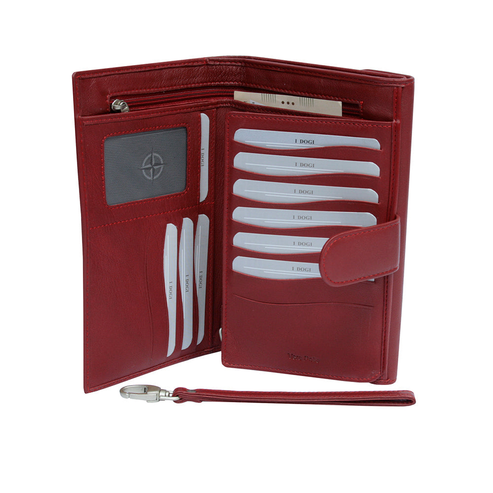 Tony Perotti Cortina 5073 rosso red leather wallet open — zip pocket, mesh ID window with the compass rose, six card slots on the flip-out panel and the detachable wrist strap on its snap hook