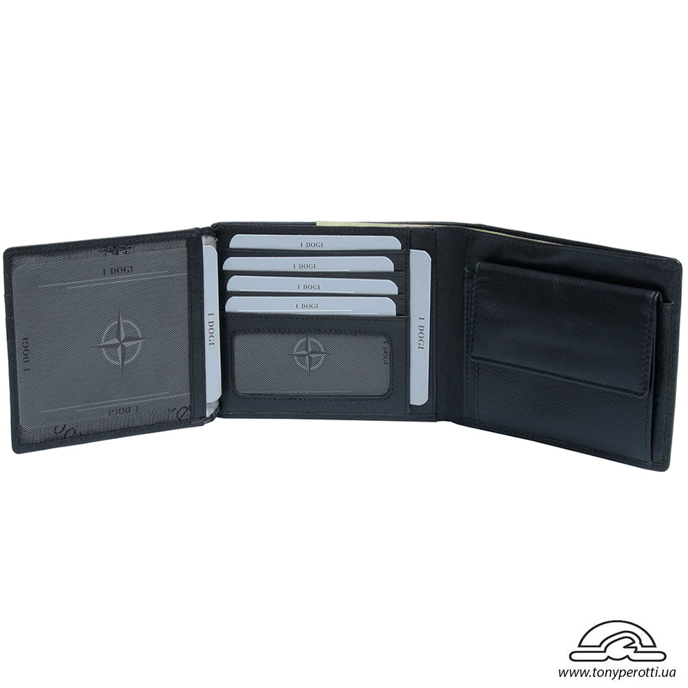 Tony Perotti Cortina 5036 nero with the flip-out panel open — more card slots, the mesh ID window and the coin pocket closed
