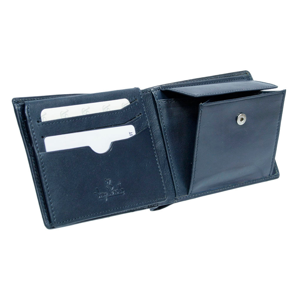 Men's navy leather bifold wallet open with card slots and snap coin pocket