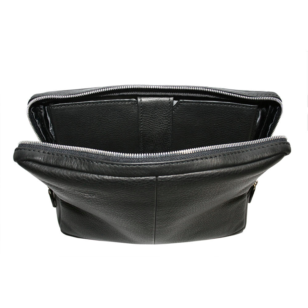 Contatto 9594-28 nero opened flat: the leather-lined half with the tablet section on a leather tab