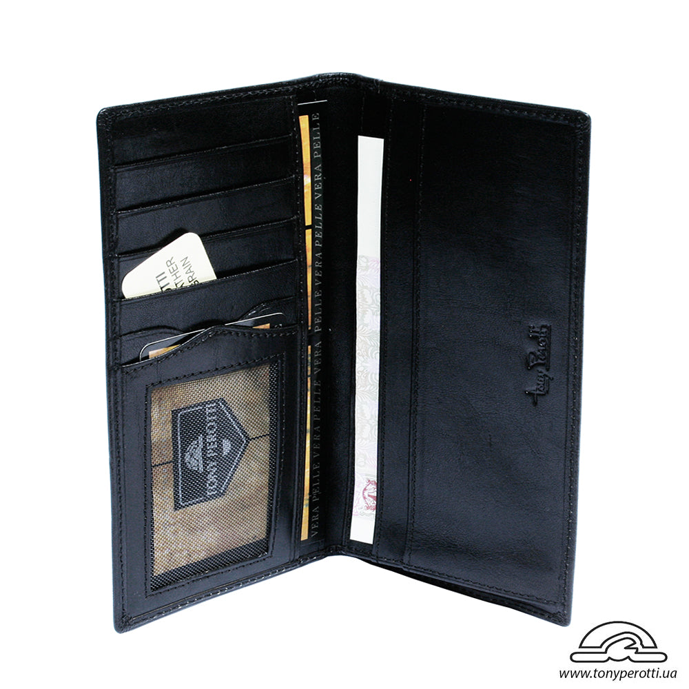 Tony Perotti Italico 1696 nero coat wallet open — card slots, ID window, full-length banknote pockets and the embossed Tony Perotti signature