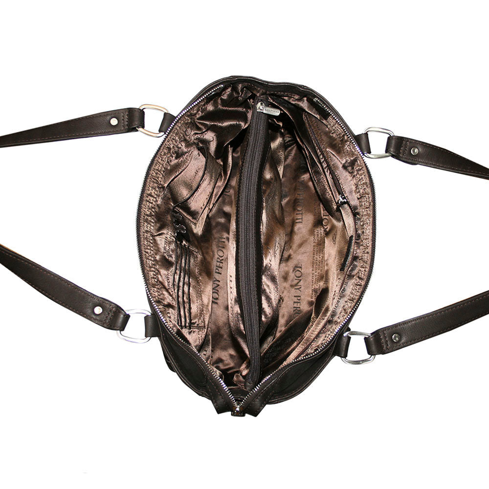 Contatto 9060-40 moro open: the main compartment split by a zipped middle section, side pockets and a key cord in the printed Tony Perotti lining