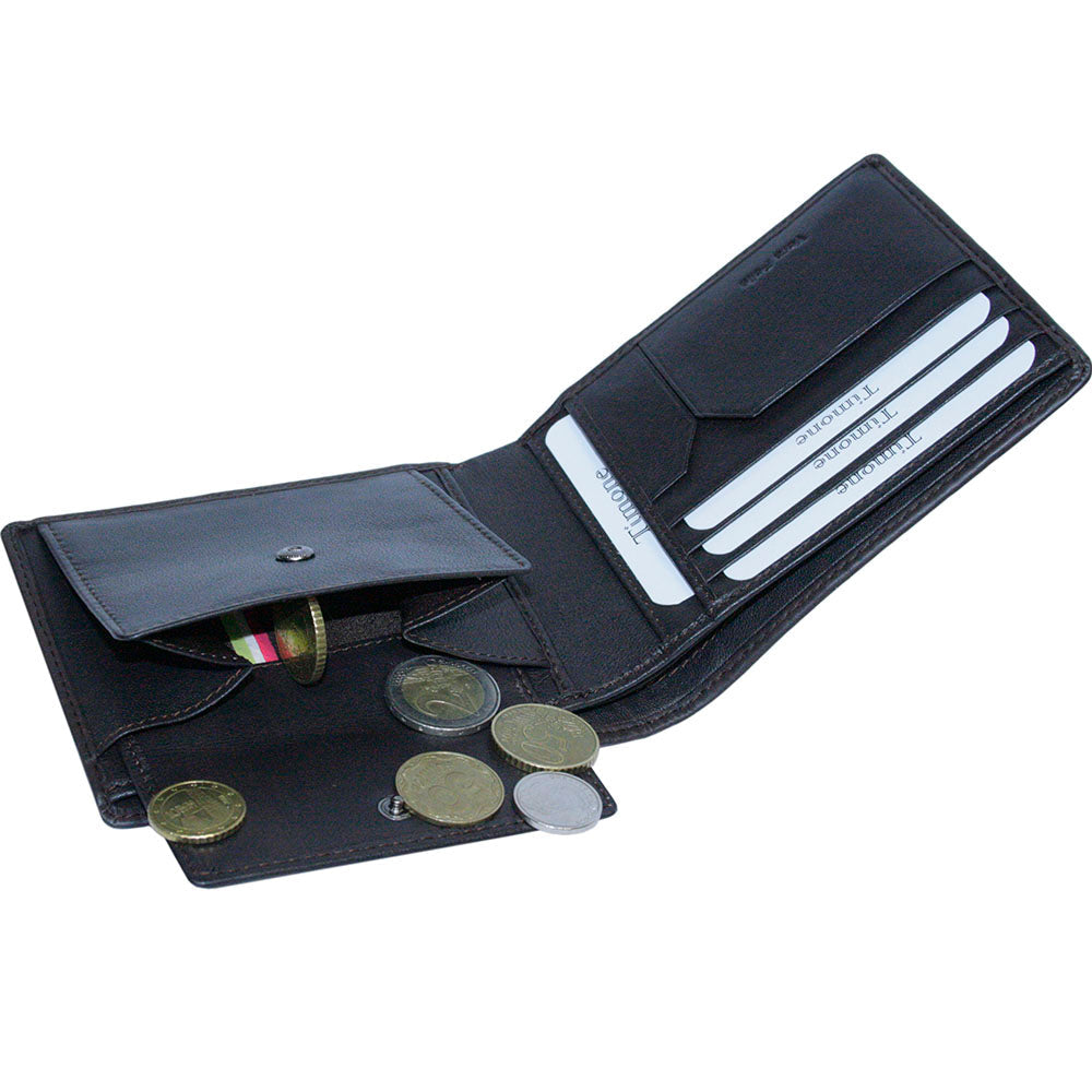 Tony Perotti Timone intrecciato 12013 moro wallet with the snap coin pocket open and coins