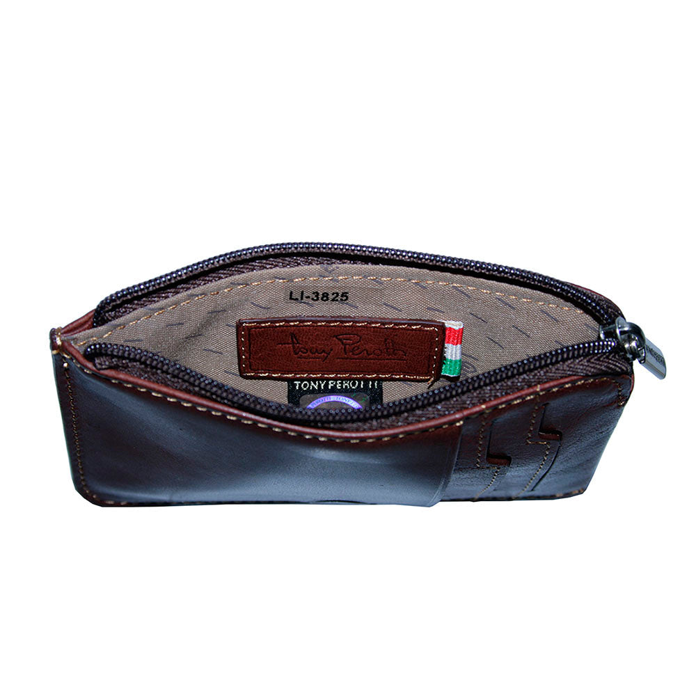 Open zip pocket of the Tony Perotti Nevada 3825+RFID moro card holder with Tony Perotti leather patch and flag ribbon