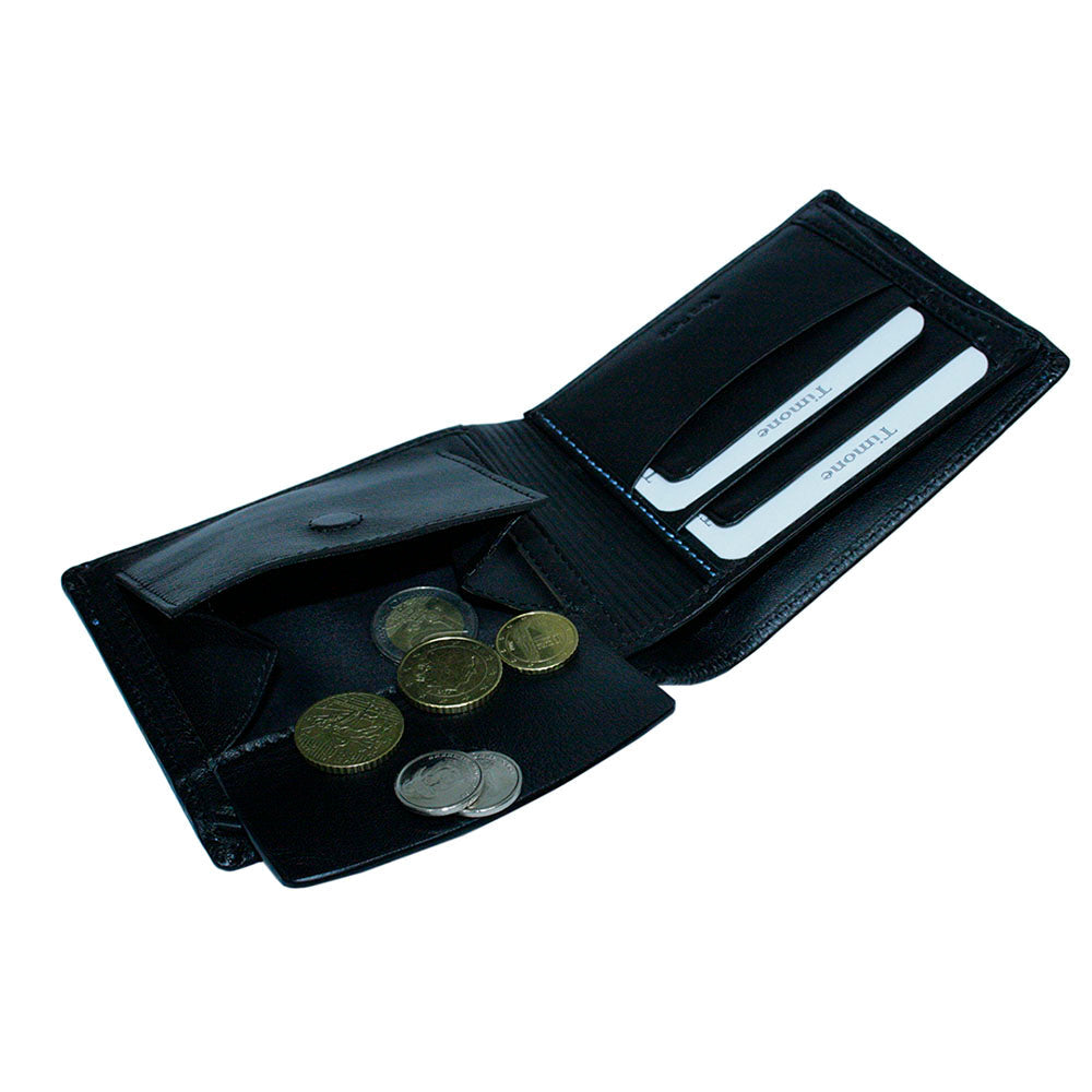 Tony Perotti Timone 11013G black wallet with open coin pocket holding coins and cards in slots