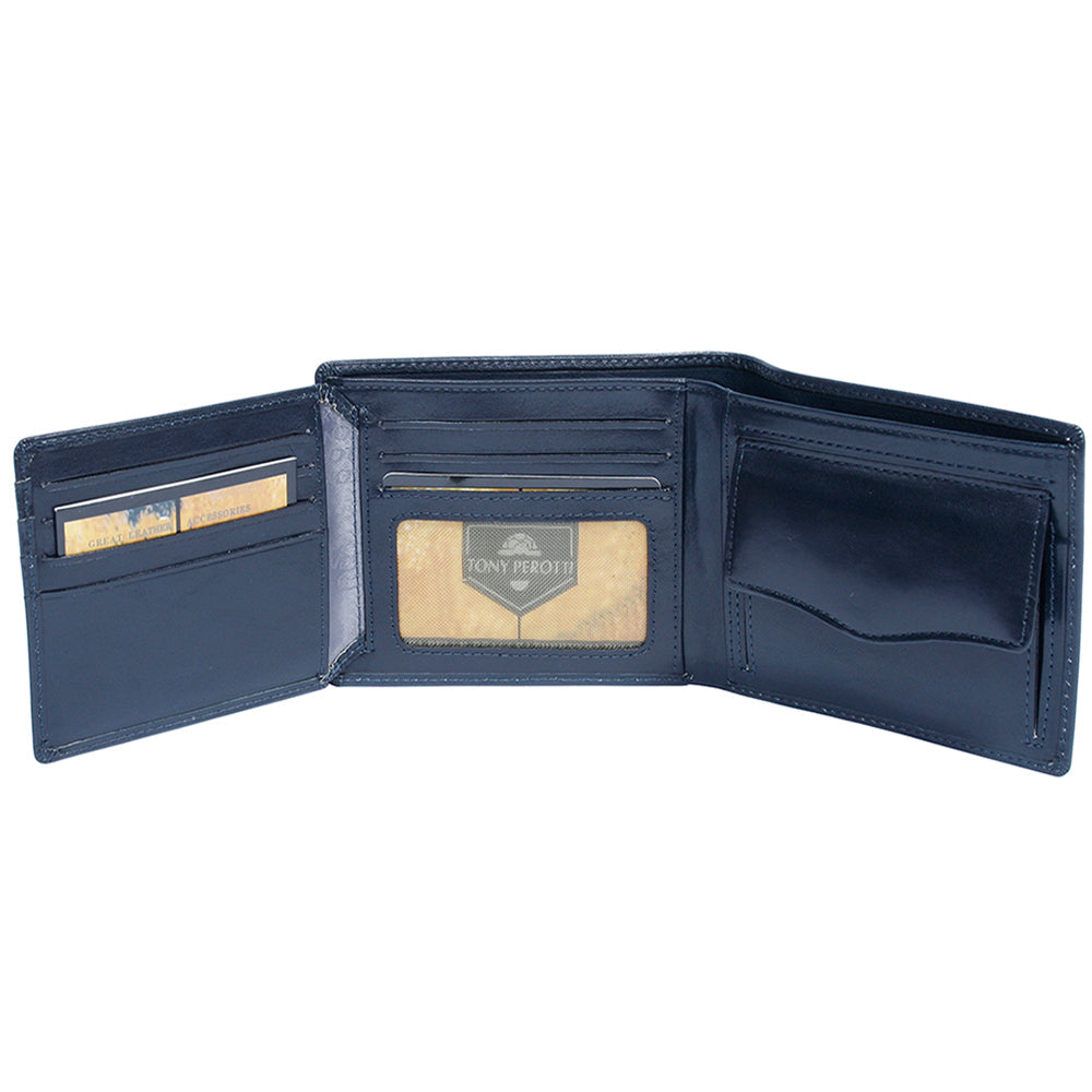 Italico 3620 navy with the card flip opened: card slots, ID window and the coin pocket
